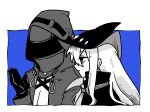  1girl 1other arknights blue_background border commentary doctor_(arknights) gloves greyscale_with_colored_background high_collar hood hooded_jacket jacket long_hair looking_at_another mask parted_lips pointy_hat profile sanada_ima simple_background skadi_(arknights) upper_body 
