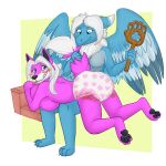 adult_baby ageplay anthro big_breasts blue_body blue_eyes blue_feathers blue_fur blush breasts butt_slap cael_thunderwing canid canine canis clothed clothing diaper duo feathers female female/female flammie fur hair hi_res huge_breasts infantilism mammal mana_(series) marealeopard on_lap paddle pawpads pink_body pink_fur roleplay slap spanking square_enix tail tail_grab wearing_diaper white_body white_fur white_hair wolf yuni_hermit