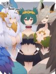  1girl 3girls ancient_world_harpy_(granblue_fantasy) bird_legs black_feathers black_wings blue_feathers blue_pupils blush breasts cleavage commission elil_(granblue_fantasy) feathered_wings feathers granblue_fantasy green_eyes green_feathers green_hair hair_over_one_eye harpy head_wings horns indie_virtual_youtuber large_breasts lincoro long_hair looking_at_viewer medium_breasts midriff monster_girl multiple_girls navel no_tattoo open_mouth pointy_ears red_eyes short_hair short_twintails skeb_commission smile thank_you tiara twintails virtual_youtuber white_hair white_wings winged_arms wings yellow_eyes yonaga_san 