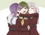  &gt;_&lt; 3girls :&lt; =_= aqua_neckerchief arms_around_neck blush bob_cut brown_dress brown_eyes carrying carrying_person closed_eyes closed_mouth colored_inner_hair commentary_request diagonal_bangs dress facing_another flower green_background green_hair grey_hair group_hug hair_bun hair_flower hair_ornament hairclip half-closed_eyes hasu_no_sora_school_uniform highres hug inverted_bob link!_like!_love_live! loafers lone_nape_hair long_hair long_sleeves looking_at_viewer love_live! multicolored_hair multiple_girls neckerchief oogami_sachi open_mouth otomune_kozue purple_hair raised_eyebrow rectangular_mouth red_flower red_hair sailor_collar sailor_dress school_uniform shoes short_hair side_ponytail sidelocks single_side_bun small_sweatdrop socks star_(symbol) star_hair_ornament straight_hair streaked_hair tetetsu_(yuns4877) two-tone_background two_side_up virtual_youtuber white_background white_sailor_collar white_socks winter_uniform yugiri_tsuzuri 