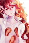  1other androgynous closed_mouth collarbone colored_eyelashes curly_hair gem gem_uniform_(houseki_no_kuni) hand_up highres hole_in_chest hole_on_body houseki_no_kuni long_hair open_clothes open_shirt orange_hair other_focus padparadscha_(houseki_no_kuni) piyo3pr red_eyes red_gemstone red_hair red_nails red_theme shirt short_sleeves sideways_glance simple_background smile solo underwear white_background white_shirt 