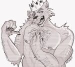 anthro arm_hair body_hair chest_hair crown danny_smoke_in_furry_land fangs felid headgear hi_res king king_magnum male mammal monochrome nipples pantherine pecs rdzombie royalty smile solo teeth whiskers