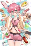  1girl :o ahoge airpods artist_name bag blue_background blue_ribbon blurry blurry_background blurry_foreground book braid braided_bun breasts buttons candy cellphone cheesecake cherry cleavage collarbone commentary_request cosmetics cowboy_shot crop_top cropped_shirt cup dolphin_shorts double-parted_bangs double_bun doughnut drink drinking_glass drinking_straw eebe eyelashes flat_chest food fruit glasses green_eyes hair_between_eyes hair_bun hair_ribbon handbag handkerchief hands_on_eyewear hands_up head_tilt highres jacket lemon lipstick lipstick_tube long_bangs long_sleeves looking_at_viewer macaron makeup navel off_shoulder open_clothes open_jacket open_mouth original phone pink_hair pink_shirt pink_shorts plate pocket protein_bar pudding red-framed_eyewear red_bag ribbon semi-rimless_eyewear shirt short_shorts shorts sleeveless sleeveless_shirt sleeves_past_wrists smartphone solo stomach sweets thigh_gap thighs thighs_together twitter_username under-rim_eyewear whipped_cream wireless_earphones yellow_jacket zipper 