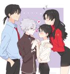  1girl 3boys blush grey_hair heart highres holding_hands ikari_shinji jacket kaji_ryouji katsuragi_misato looking_at_another multiple_boys nagisa_kaworu neon_genesis_evangelion plico_(nicoma) red_jacket school_uniform smile tokyo-3_middle_school_uniform 