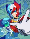  1boy armor artist_logo blonde_hair blue_eyes chest_jewel forehead_jewel guutara helmet highres instagram_logo instagram_username long_hair looking_at_viewer mega_man_(series) mega_man_x_(series) outstretched_arm partially_submerged reaching reaching_towards_viewer red_armor red_helmet shoulder_armor solo twitter_logo twitter_username upper_body very_long_hair zero_(mega_man) 