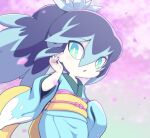  1girl aqua_eyes blue_hair chestnut_mouth eyes_visible_through_hair fubukihime high_ponytail japanese_clothes kimono long_hair looking_at_viewer multicolored_hair nollety open_mouth purple_hair solo traditional_youkai two-tone_hair youkai_(youkai_watch) youkai_watch yuki_onna 