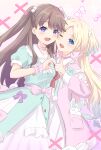  2girls :d ;d absurdres blonde_hair blue_eyes blue_hair bow brown_hair candy cheek-to-cheek choker commentary dress fang food food-themed_background frilled_dress frills fujishima_megumi gradient_hair green_dress hair_bobbles hair_ornament hair_ribbon hakuchu_a_la_mode_(love_live!) hand_up heads_together heart heart_choker heart_hands_failure heart_o-ring highres in_pocket light_blue_hair link!_like!_love_live! long_hair long_sleeves love_live! mira-cra_park! multicolored_clothes multicolored_dress multicolored_hair multiple_girls o-ring o-ring_choker official_alternate_costume one_eye_closed open_mouth osawa_rurino parted_bangs pink_background pink_choker pink_dress puffy_short_sleeves puffy_sleeves purple_eyes ribbon sailor_collar sailor_dress short_sleeves skin_fang smile stuffed_animal stuffed_rabbit stuffed_toy thumbs_up twintails two_side_up virtual_youtuber waist_bow white_dress white_ribbon white_sailor_collar x_x yutuki_ame 