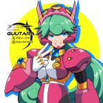  1girl android armor artist_logo artist_name blue_eyes breasts green_hair guutara helmet highres instagram_logo instagram_username leotard long_hair marino_(mega_man) medium_breasts mega_man_(series) mega_man_x:_command_mission mega_man_x_(series) ninja pink_armor pink_helmet pink_leotard robot_girl shoulder_armor smile twitter_logo twitter_username upper_body v white_background 