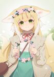  1girl absurdres animal_ears arknights blonde_hair blue_flower blush brown_bag closed_mouth commentary_request flower fox_ears fox_girl fox_tail gradient_background green_background green_eyes grey_sweater head_wreath highres hinata_(user_rjkt4745) long_hair looking_at_viewer neck_ribbon pink_flower red_ribbon ribbon smile suzuran_(arknights) sweater tail 