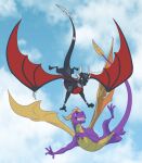 2023 2_horns activision cloud cynder dated digital_media_(artwork) dragon duo female feral flying happy hi_res horn male multi_horn mythological_creature mythological_scalie mythology scalie signature sky smile spyro spyro_the_dragon tail teeth the_legend_of_spyro wings xannador