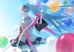  1girl balloon blue_eyes blue_hair bow collared_shirt day detached_sleeves glint hair_ornament hatsune_miku headphones headset highres holding holding_microphone holding_microphone_stand long_hair long_sleeves microphone microphone_stand nail_polish necktie profile ribbon shirt skirt sky sleeveless sleeveless_shirt smile solo thighhighs twintails very_long_hair vocaloid wind yuncho 