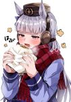  1girl absurdres animal_ears baozi blush bow commentary_request ear_bow eating food gold_ship_(umamusume) grey_hair highres holding holding_food horse_ears horse_girl long_hair long_sleeves mare_ma open_mouth pillbox_hat plaid plaid_scarf purple_bow purple_eyes purple_shirt red_scarf scarf school_uniform shirt simple_background solo tracen_school_uniform twitter_username umamusume upper_body white_background winter_uniform 