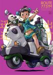 1girl ahoge black_eyes black_hair blue_shirt blush bun_cover child chinese_clothes commentary double_bun english_commentary goggles goggles_on_head hair_bun highres looking_at_viewer mandarin_collar moped motor_vehicle nanami_tomorou navel open_mouth original panda purple_background riding shirt shoes shorts smoke solo symbol-only_commentary 