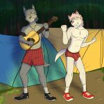 acoustic_guitar alternate_species anthro arctic_fox boxers_(clothing) briefs bulge camping canid canine canis clothed clothing dancing dog_tags domestic_dog duo footwear fox furrification fuze guitar hi_res hiroyuki_(morenatsu) husky kouya_(morenatsu) male mammal morenatsu morenatsu_homecoming musical_instrument navel night nipples nordic_sled_dog outside pantsless_anthro pantsless_male playing_guitar playing_music plucked_string_instrument red_boxers red_briefs red_clothing red_underwear shoes socks spitz string_instrument tent topless true_fox underwear white_clothing white_footwear white_socks