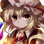  1girl :&lt; absurdres angry ascot bangs blonde_hair brooch closed_mouth collared_shirt commentary_request crossed_bangs crystal face flandre_scarlet hair_between_eyes hat hat_ribbon highres jewelry looking_at_viewer maa_(forsythia1729) medium_hair mob_cap multicolored_wings puffy_short_sleeves puffy_sleeves red_brooch red_eyes red_ribbon red_vest ribbon ribbon-trimmed_headwear ribbon_trim shirt short_sleeves side_ponytail solo touhou upper_body v-shaped_eyebrows vest white_ascot white_headwear white_shirt wings 