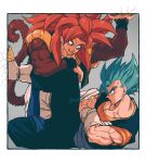  absurdres biceps black_wristband blue_eyes blue_sash body_fur dragon_ball dragon_ball_gt dragon_ball_super earrings gogeta highres jewelry male_focus metamoran_vest monkey_boy monkey_tail muscular muscular_male no_nipples pants pectorals potara_earrings red_fur red_hair relio_db318 sash simple_background smile spiked_hair super_saiyan super_saiyan_4 super_saiyan_blue tail vegetto_(xeno) veins veiny_hands white_pants 