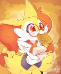  braixen clothing eyewear food gingy_k_fox glasses hi_res nintendo paper penny_(mysticwaffle032) pok&eacute;mon pok&eacute;mon_(species) ribbons scarf topwear vest video_games waffle 