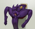 anal anal_masturbation anthro autorimming balls big_penis biped claws erection genitals gewitter glans hi_res horn humanoid_genitalia humanoid_penis male masturbation oral oral_masturbation penis portal purple_body purple_eyes scalie solo tail tongue tongue_out yellow_glans