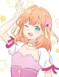  1girl ;d absurdres aqua_eyes arm_at_side arm_up choker collarbone cosplay crossed_bangs dress flower hair_flower hair_ornament hair_ribbon highres hinoshita_kaho idolmaster idolmaster_(classic) link!_like!_love_live! love_live! medium_hair one_eye_closed open_mouth orange_hair pink_dress pink_flower puffy_short_sleeves puffy_sleeves rabbit_pose ribbon short_sleeves smile solo starry_background two_side_up underbust upper_body virtual_youtuber white_background white_sleeves yellow_choker yellow_ribbon yutuki_ame 