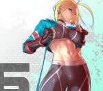  black_choker blonde_hair blue_eyes blue_jacket breasts cammy_white choker cropped_jacket cropped_legs fingerless_gloves gloves jacket looking_at_viewer medium_breasts navel pants short_hair sports_bra street_fighter street_fighter_6 tight_clothes tight_pants tomoyuki_kotani toned 