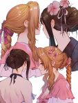  2girls aerith_gainsborough aerith_gainsborough_(floral_delight) bare_shoulders bikini black_hair black_shirt blush braid braided_ponytail breasts brown_hair cleavage collared_shirt final_fantasy final_fantasy_vii final_fantasy_vii_rebirth final_fantasy_vii_remake flower frilled_sleeves frills hair_flower hair_ornament hair_ribbon hibiscus highres light_smile medium_breasts multiple_girls multiple_views official_alternate_costume parted_bangs pink_flower pink_ribbon pink_shirt ribbon sera_(serappi) shirt sidelocks single_braid swimsuit tifa_lockhart tifa_lockhart_(majestic_glamour) tifa_lockhart_(shining_spirit) updo upper_body wavy_hair white_background white_bikini yuri 