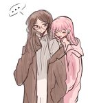  ... 2girls 4711_(xx) bang_dream! bang_dream!_it&#039;s_mygo!!!!! bespectacled blue_eyes blush brown_coat brown_hair chihaya_anon closed_eyes closed_mouth coat commentary cowboy_shot fang glasses grey_sweater hashtag-only_commentary highres hood hood_down hooded_jacket jacket long_hair multiple_girls nagasaki_soyo open_clothes open_coat open_mouth pink_hair pink_jacket sidelocks simple_background single_off_shoulder spoken_ellipsis sweater white_background 