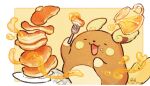  :3 alolan_raichu animal_focus arms_up butter closed_eyes drawingnaho eating floating floating_object food food_on_face fork happy holding holding_fork honey korean_commentary no_humans open_mouth outside_border pancake pancake_stack plate pokemon pouring signature solo yellow_background yellow_theme 