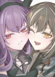  2girls arknights brown_hair cheek-to-cheek close-up commentary heads_together highres horns kimo_suna looking_at_viewer magallan_(arknights) multicolored_hair multiple_girls one_eye_closed open_mouth orange_eyes purple_hair simple_background streaked_hair two-tone_hair typhon_(arknights) white_background white_hair yellow_eyes 