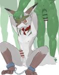 absurd_res amorey another_eidos_of_dragon_vein_r anthro anus bandanna canid canine canis cuff_(restraint) erection goblin green_body green_hair green_skin group hair hi_res jackal kerchief kobold leg_shackles male mammal nipples pecs petting_head phastbyte phastbyter18 pubes raised_arms red_eyes restraints shackles