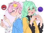  1girl 2girls blue_gemstone blush eyeball frills gem green_eyes green_hair hair_ornament hairband heart komeiji_koishi komeiji_satori long_sleeves looking_at_viewer mefomefo multiple_girls open_mouth pink_eyes pink_hair purple_hair red_eyes shirt short_hair skirt smile third_eye touhou wide_sleeves 