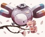 branch cherry_blossoms commentary_request esuke_coil falling_petals floating highres magnemite no_humans one-eyed petals pokemon pokemon_(creature) screw white_background 