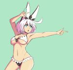  1girl absurdres ahoge animal_ears armpits arms_up bikini blue_eyes breasts cleavage elphelt_valentine fake_animal_ears finger_gun green_background groin guilty_gear guilty_gear_xrd highres huge_ahoge jetber large_breasts navel open_mouth pointing pose rabbit_ears short_hair simple_background stomach swimsuit tiara underboob v-shaped_eyebrows white_hair 