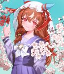  1girl animal_ears blue_background breasts brown_hair cherry_blossoms commentary_request flower highres horse_ears horse_girl moffumoto portrait red_eyes school_uniform simple_background small_breasts smile solo still_in_love_(umamusume) tracen_school_uniform umamusume veil 