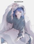  1girl absurdres arknights blue_eyes blue_hair blush commentary elyzerda english_commentary grey_sweater halo highres long_hair long_sleeves looking_at_viewer mostima_(arknights) open_mouth simple_background solo sweater under_covers white_background 