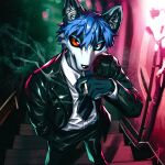 2022 absurd_res anthro black_necktie black_nose black_sclera blaedic blue_eyes blue_hair canid canine canis cigarette clothed clothing detailed_background front_view fully_clothed glistening glistening_clothing hair hallway hand_in_pocket heterochromia hi_res high-angle_view holding_cigarette holding_object inner_ear_fluff inside lens_flare leon_(leon147851) looking_at_viewer looking_up male male_anthro mammal necktie notched_ear on_stairs orange_eyes pipe pockets short_hair smoke smoking smoking_cigarette solo stairs standing suit suit_jacket tuft white_dress_shirt wolf
