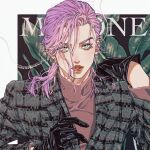  1boy aegyo_sal artist_name bishounen black_gloves character_name earrings gloves green_eyes hagiko15 jacket jewelry jojo_no_kimyou_na_bouken long_sleeves looking_at_viewer loose_hair_strand male_focus melone parted_lips pink_hair plaid plaid_jacket portrait red_lips red_shirt shirt twitter_username vento_aureo 