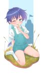  1boy blue_eyes blush character_request child collared_shirt copyright_request finger_to_mouth full_body grass hair_between_eyes highres index_finger_raised kyokochi_kyoko looking_at_viewer male_focus otoko_no_ko purple_hair shirt short_sleeves shorts shushing simple_background smile socks solo 