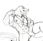  absurd_res anthro balls clothing crocodile crocodilian crocodylid demisart1 erection genitals hi_res humanoid male muscular muscular_male pecs renekton reptile scalie shirt solo topwear 