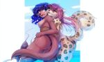 absurd_res anthro blep blue_clothing blue_eyes blue_hair blue_swimwear blush breasts butt clothes_falling_off clothing curled_hair duo embarrassed felid female female/female fluffy fluffy_tail fur hair hi_res krisafitsa krisafitsa_(kirimin) long_hair mammal markings mustelid nipples otter pantherine pink_hair samara_(frosty) samara_(stayextrafrosty) sea seaside snow_leopard spots spotted_body spotted_fur summer swimwear tail tongue tongue_out water whisperingstone