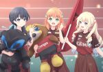  3girls :d absurdres aqua_eyes blue_eyes blue_hair blue_ribbon blurry blurry_background blush brown_shirt brown_skirt closed_mouth crossed_bangs dark_blue_hair fang finger_heart flag gradient_shirt hair_ornament hair_ribbon hasu_no_sora_school_uniform highres hinoshita_kaho holding holding_flag holding_stuffed_toy jersey link!_like!_love_live! long_hair looking_at_viewer love_live! low_twintails medium_hair mole mole_on_neck multiple_girls murano_sayaka open_mouth orange_hair osawa_rurino pleated_skirt rabbit_hair_ornament red_shirt ribbon school_uniform shirt skin_fang skirt smile soccer_field soccer_uniform sportswear stuffed_toy twintails virtual_youtuber waving winter_uniform yutuki_ame zweigen_kanazawa 