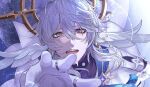  1boy aegyo_sal coat gloves grey_hair halo_behind_head head_wings high_collar highres honkai:_star_rail honkai_(series) jewelry kamino_eru looking_at_viewer male_focus multiple_rings open_mouth outstretched_arm ring solo sunday_(honkai:_star_rail) teeth white_coat white_gloves white_wings wings yellow_eyes 