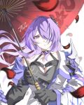  1girl absurdres acheron_(honkai:_star_rail) black_choker breasts buckle choker cleavage gloves hair_ornament hair_over_one_eye highres honkai:_star_rail honkai_(series) jlerz1 long_sleeves purple_eyes purple_hair red_umbrella umbrella 