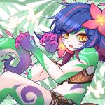  1girl aisolgwamol-ib-otaku bare_shoulders blue_hair breasts bug butterfly colored_skin fang flower from_side green_skin hair_flower hair_ornament hands_up highres league_of_legends long_hair looking_at_viewer multicolored_hair neeko_(league_of_legends) open_mouth pink_flower purple_hair reptile_girl skin_fang smile solo tail 