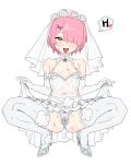  1girl absurdres bare_shoulders blush breasts bridal_veil bride clothes_lift covered_navel dress dress_lift elbow_gloves full_body gloves hair_ornament heart heart-shaped_pupils high_heels highres lifted_by_self looking_at_viewer open_mouth panties partially_visible_vulva pink_hair q_haoyu ram_(re:zero) re:zero_kara_hajimeru_isekai_seikatsu red_eyes shoes short_hair small_breasts solo spread_legs squatting symbol-shaped_pupils thighhighs tongue tongue_out underwear veil white_dress white_gloves white_panties white_thighhighs x_hair_ornament 