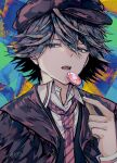  1boy aqua_eyes black_hair bungou_stray_dogs candy collared_shirt edogawa_ranpo_(bungou_stray_dogs) food hair_between_eyes hand_up hat highres holding holding_candy holding_food holding_lollipop jacket lollipop male_focus minase_mia multicolored_background necktie open_clothes open_jacket open_mouth shirt short_hair signature solo striped_necktie teeth upper_body white_shirt 