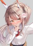  1girl alternate_costume ayanami_(azur_lane) azur_lane bangs blush bow bowtie clothes_around_waist commentary_request eyebrows_visible_through_hair grey_background grey_hair gyaru hair_between_eyes hair_ornament hairclip hand_on_own_chin headgear jacket jacket_around_waist long_hair long_sleeves looking_at_viewer orange_eyes parted_lips ponytail pose red_bow red_bowtie retrofit_(azur_lane) school_uniform schreibe_shura selfie sidelocks simple_background solo spoken_blush 