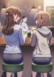  1boy 2girls amagi_shino artist_name ass bar_stool black_skirt blue_sweater blurry blurry_background brown_hair cafe commentary_request cup disposable_cup drinking_straw grey_hoodie highres holding holding_cup hood hoodie indoors long_hair multiple_girls open_mouth original receptionist_girl_(amagi_shino) receptionist_kohai_(amagi_shino) short_hair sitting skirt stool sweater talking watermark 