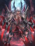  1girl angry armor aura bare_shoulders bikini_armor black_horns body_markings chromatic_aberration claw_(weapon) collarbone crack cracked_floor dark-skinned_female dark_aura dark_skin facial_mark fangs gauntlets glowing greaves grey_hair hair_between_eyes highres horns long_hair looking_at_viewer moon navel open_mouth orange_eyes pauldrons pixiv_fantasia pixiv_fantasia_revenge_of_the_darkness plaster_(2501) shoulder_armor slit_pupils solo spiked_pauldrons spikes tail teeth toned tongue weapon 