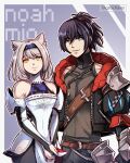  1boy 1girl alternate_costume amor animal_ears armor bare_shoulders black_hair blue_eyes breasts cat_ears detached_sleeves grey_hair gzei highres long_hair looking_at_viewer mio_(xenoblade) monolith_soft noah_(xenoblade) ponytail short_hair smile xenoblade_chronicles_(series) xenoblade_chronicles_3 yellow_eyes 
