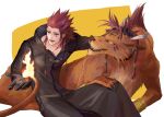  2boys animal_collar axel_(kingdom_hearts) bangle beads black_gloves black_robe border bracelet collar crossover facial_mark feather_hair_ornament feathers final_fantasy final_fantasy_vii final_fantasy_vii_rebirth final_fantasy_vii_remake flame-tipped_tail gloves hair_beads hair_ornament hair_slicked_back hand_in_another&#039;s_hair jewelry kingdom_hearts kingdom_hearts_ii long_sleeves male_focus medium_hair mukashino multiple_boys open_mouth orange_fur red_hat red_xiii robe sideburns white_border yellow_background yellow_eyes 